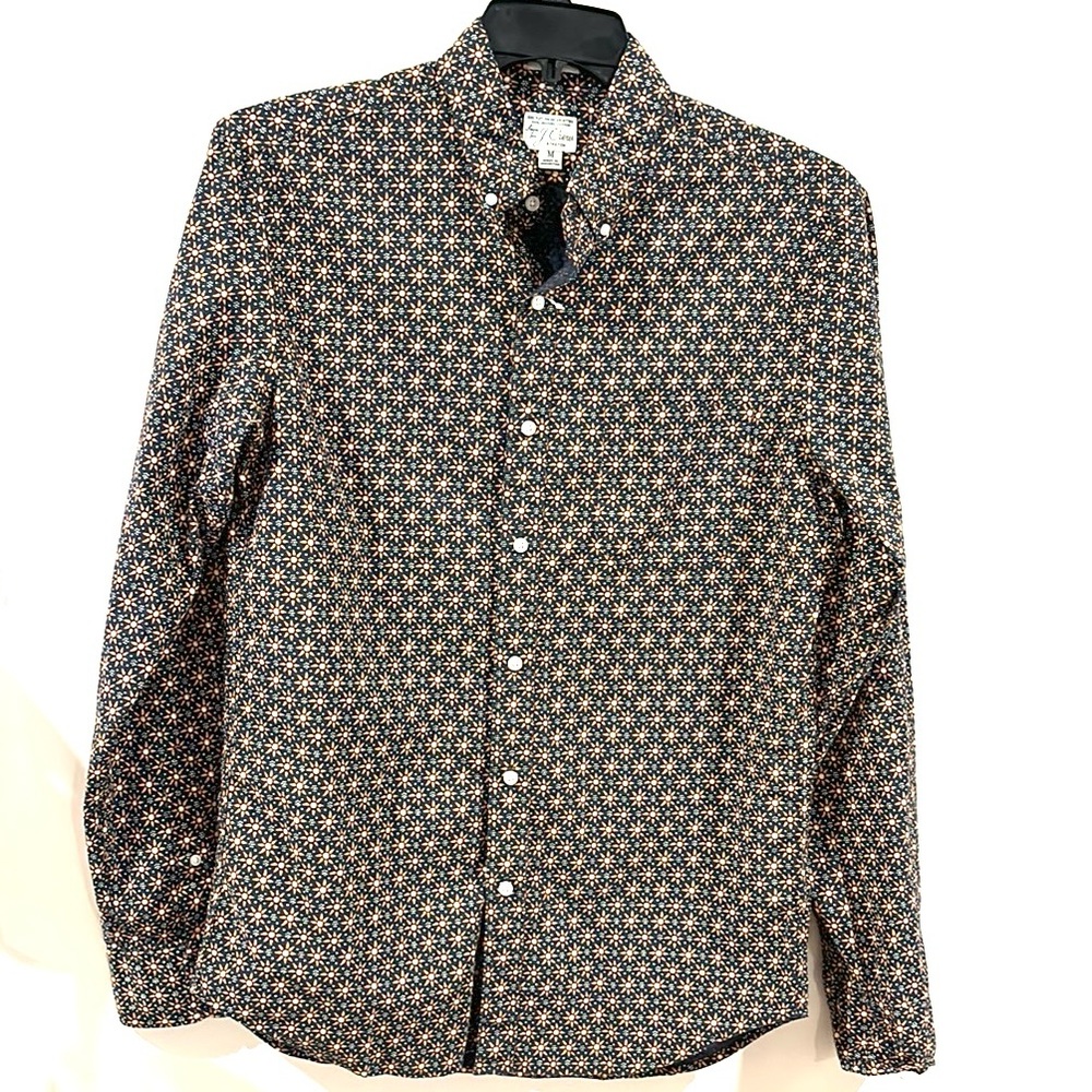 J. Crew Navy Button-Down Shirt with Tan Floral Print - Picture 2 of 10